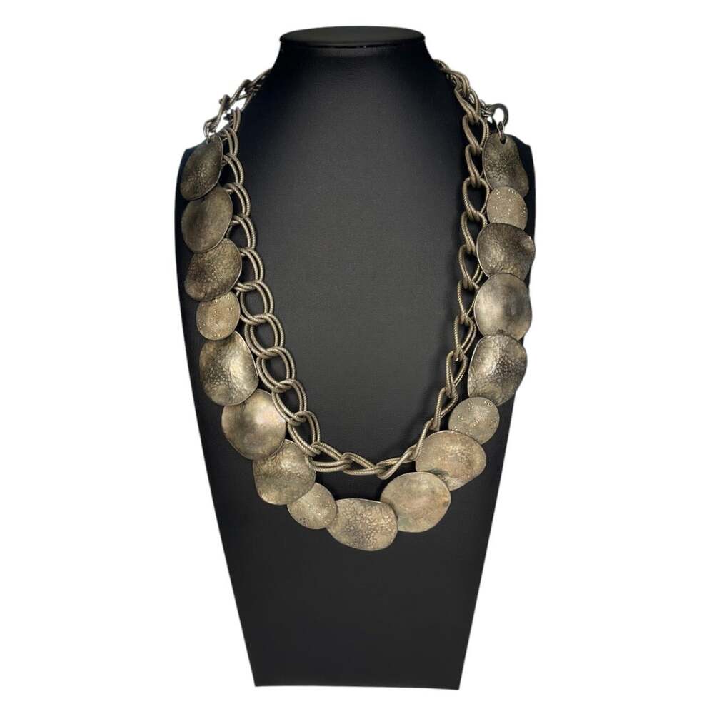 Vintage CHICO'S Signed SILVER-TONE HAMMERED DISC Statement Necklace 28” Long